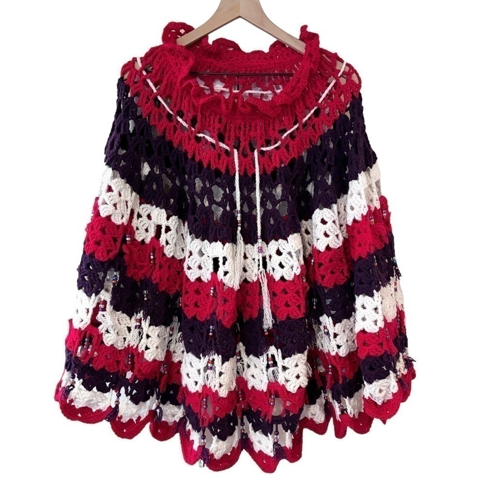 Handmade Vintage multi color stripe crochet knit poncho